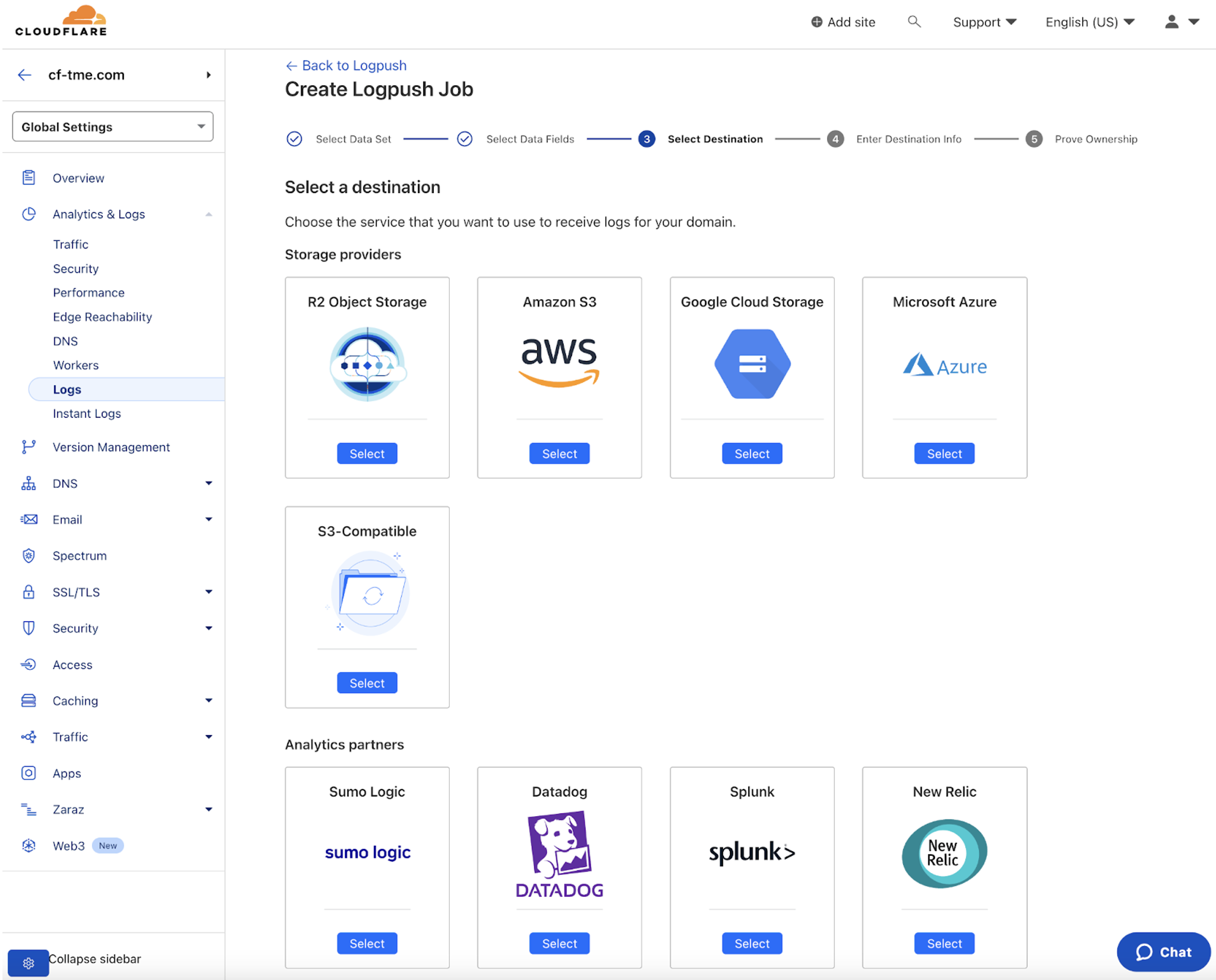 Figure 8: Cloudflare Logpush for exporting logs to external destinations