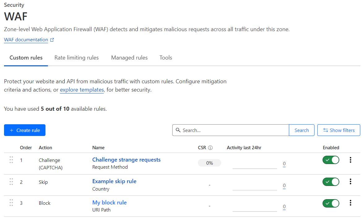 The Custom rules tab, available in the Cloudflare dashboard under Security &gt; WAF.