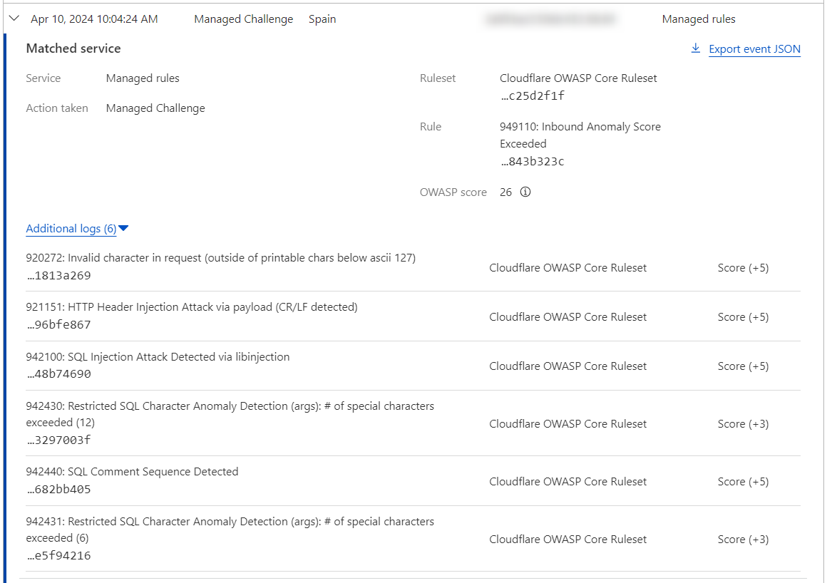 Event log for example incoming request mitigated by the WAF&rsquo;s OWASP Core Ruleset